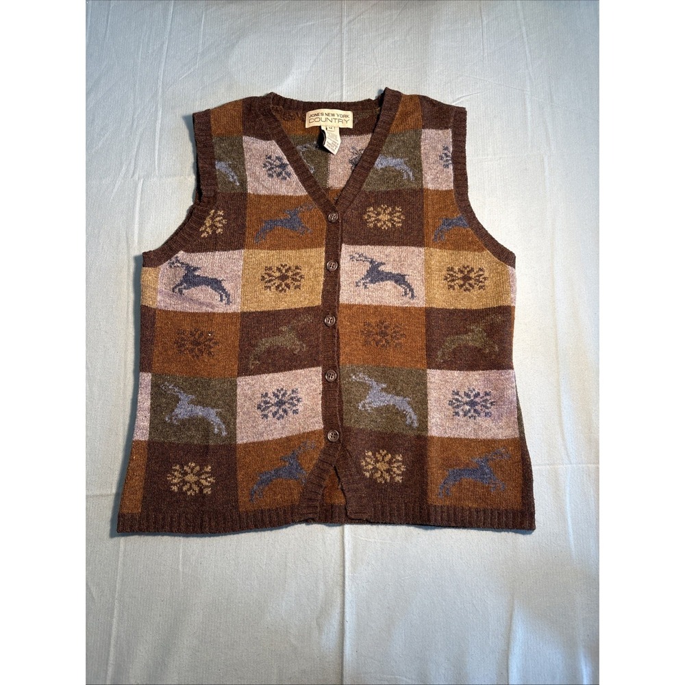 Jones New York Country Reindeer Christmas Sweater Vest Lambswool Brown Medium